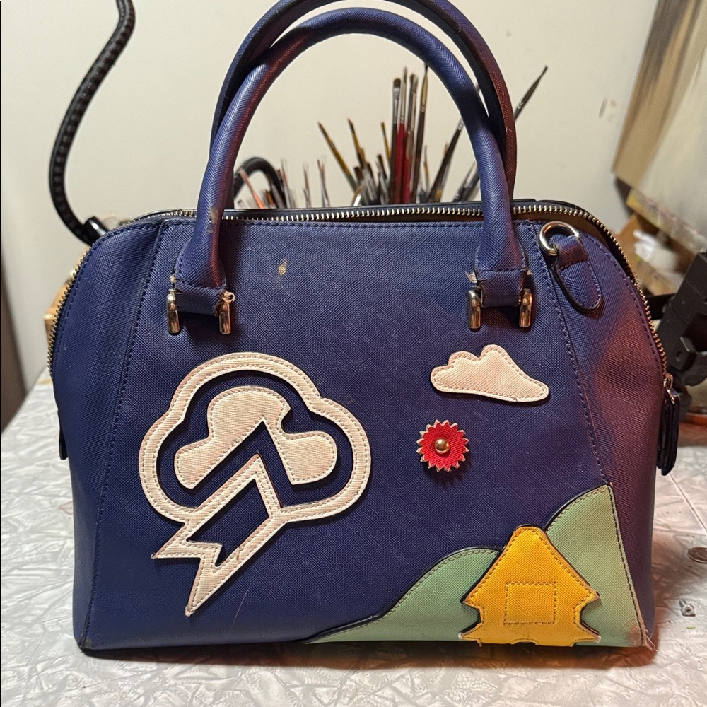 Blue Designer Handbag with Artistic Patches